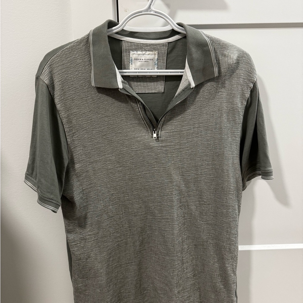 Denim & Flower Two-Tone Gray/Light Green Polo Shirt with Zipper